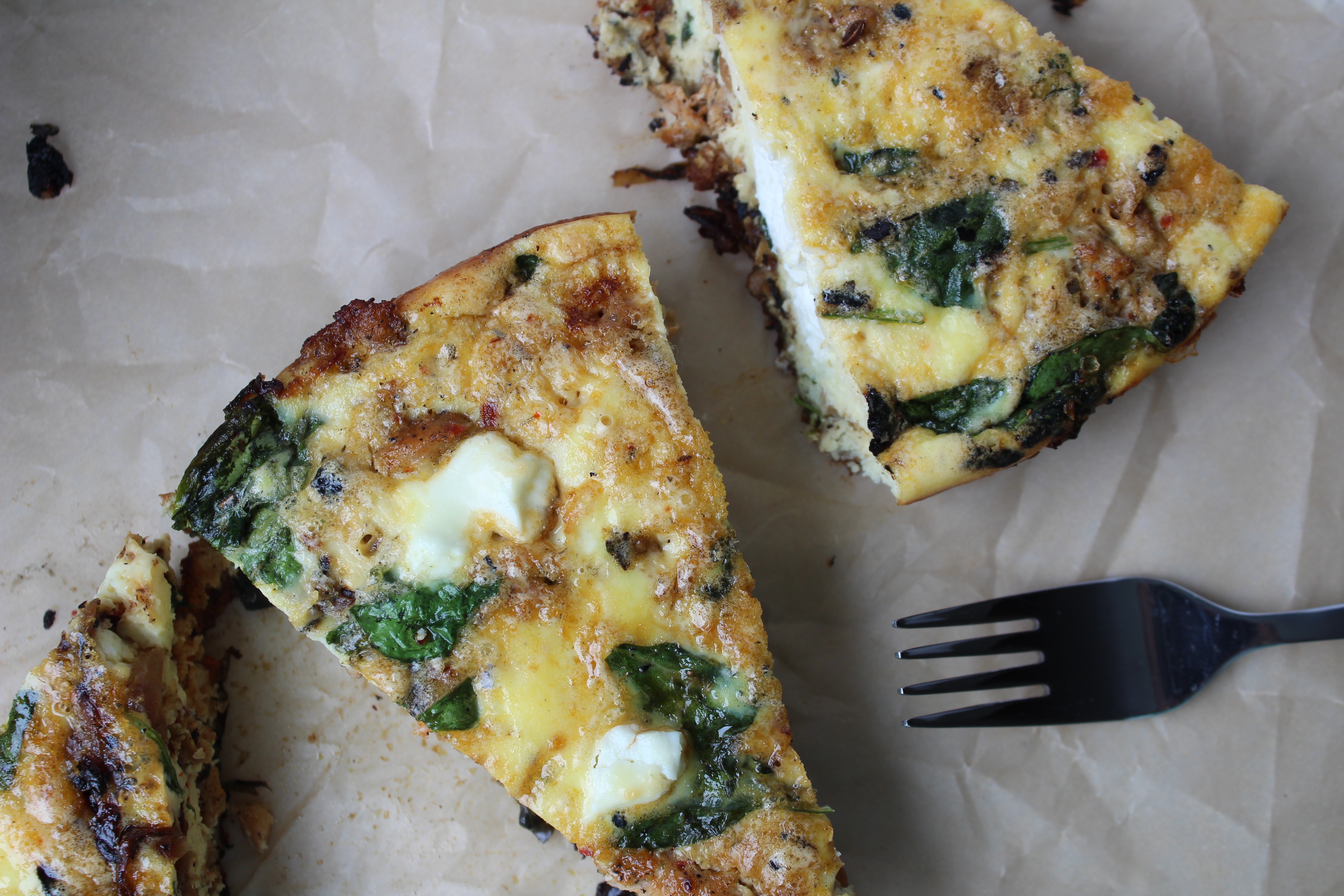 caramelized onion sausage goat cheese frittata| One Girl. One Kitchen.