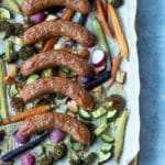 finished sausage and vegetables on sheet pan