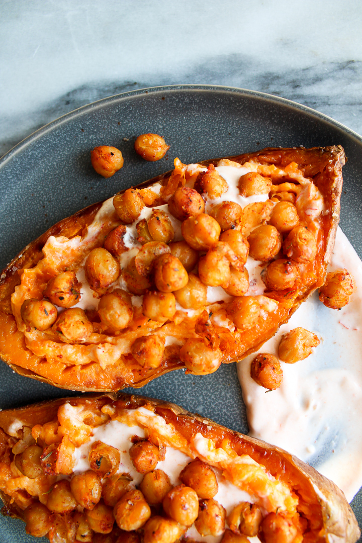 Stuffed Sweet Potato Crispy Chickpeas