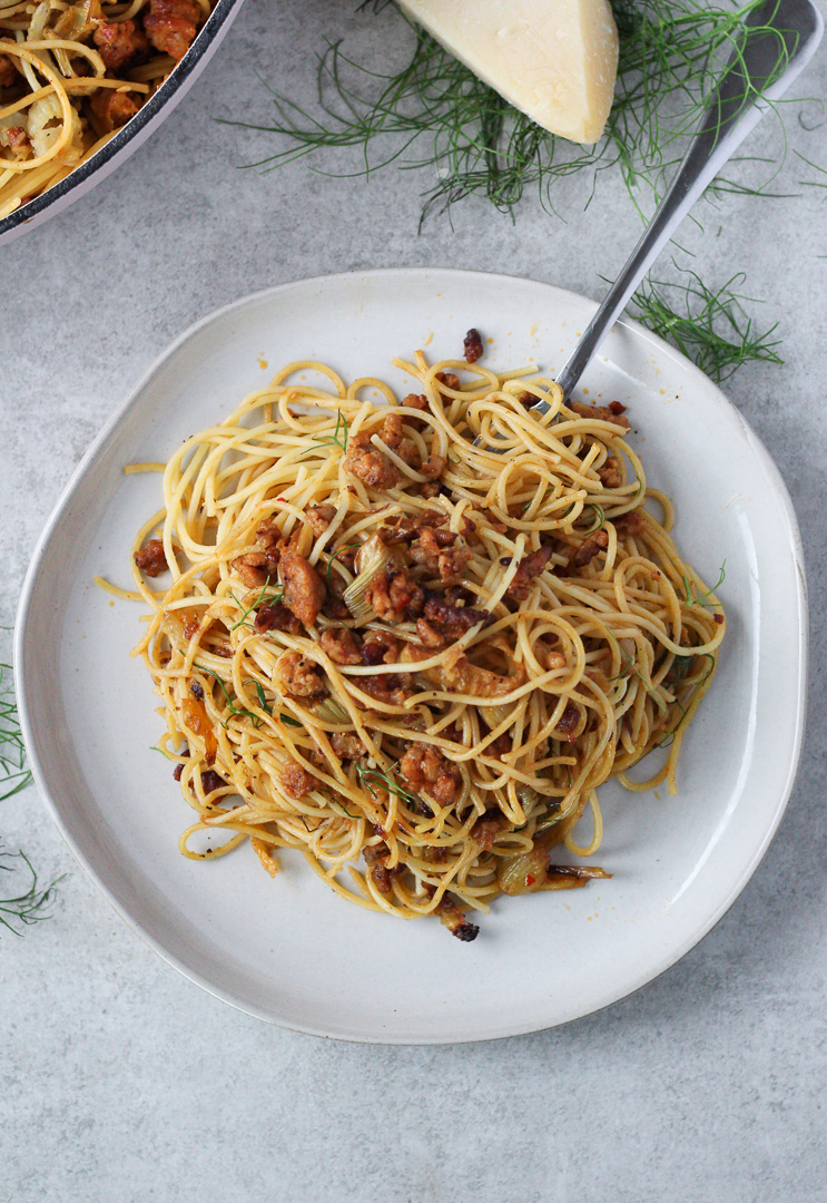 Caramelized fennel and sausage pasta One Girl. One Kitchen.