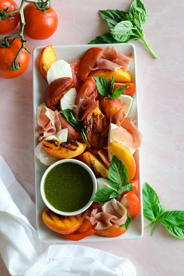 grilled peach caprese salad on plate