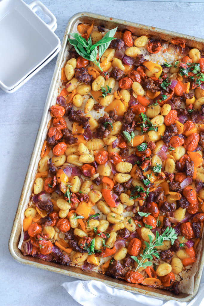 gnocchi and sausage in pan