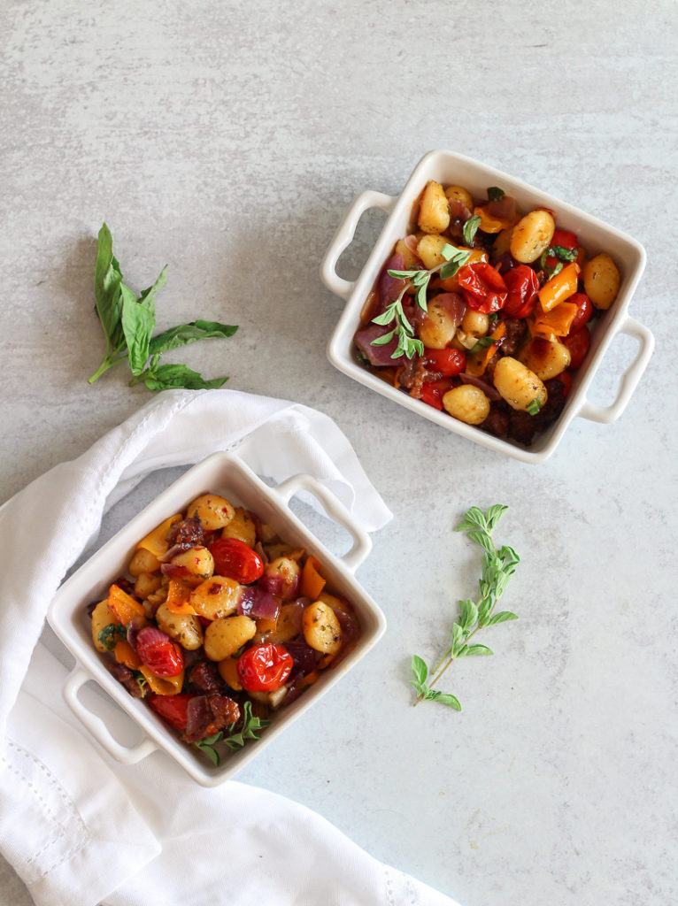 two bowls sheet pan gnocchi and sausage