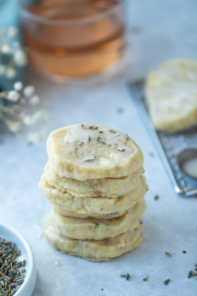 Stack of lavender white chocolate shortbread cookies