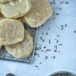 lavender shortbread cookies on corner of rack