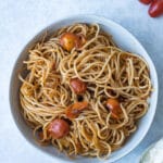 brown butter pasta with cherry tomatoes in bowl