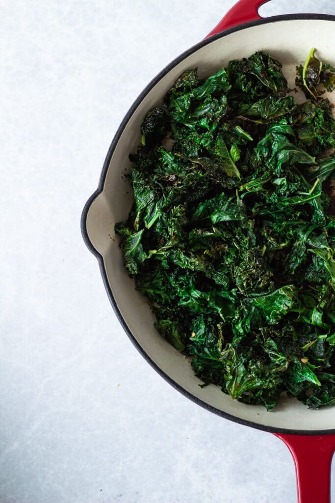 half of a pan of sautéed kale