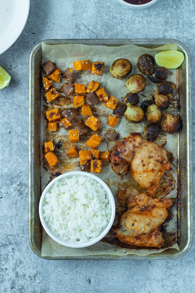 roasted vegetables and chicken sheet pan with rice