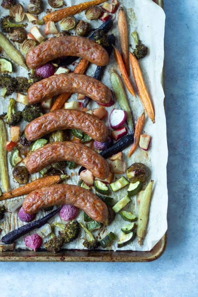 sausage and vegetables on sheet pan