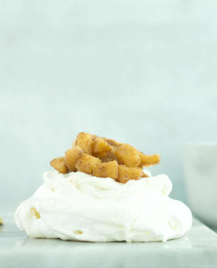 apple pie pavlova on marble board