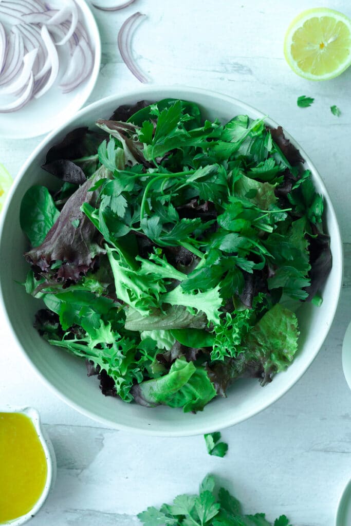 big bowl with greens surrounded by small plates with sliced red onion, herbs and a small bowl of salad dressing