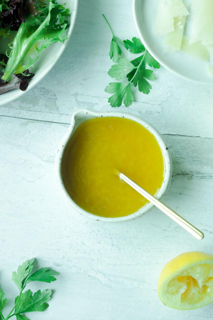 Small bowl of lemon garlic vinaigrette