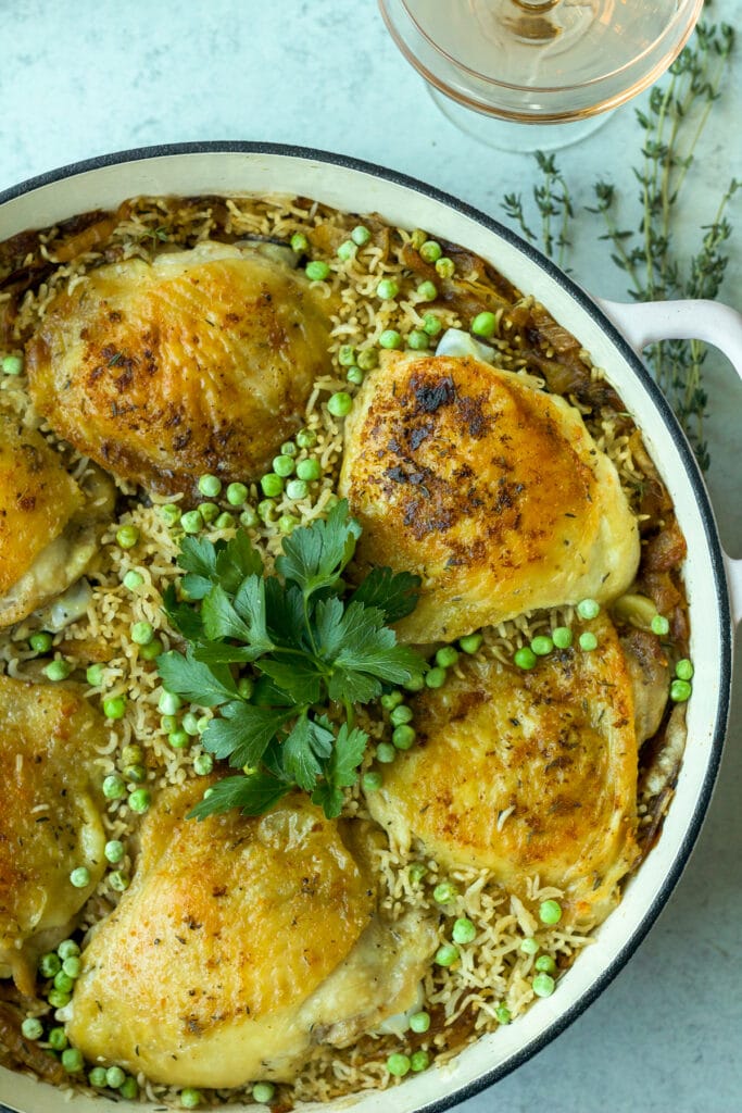 finished pan with garlic rosé chicken and rice