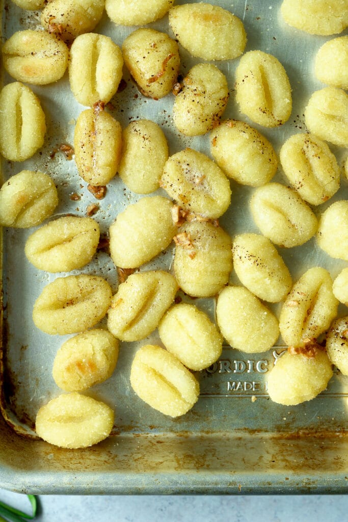 roasted gnocchi on sheet pan tossed with brown butter