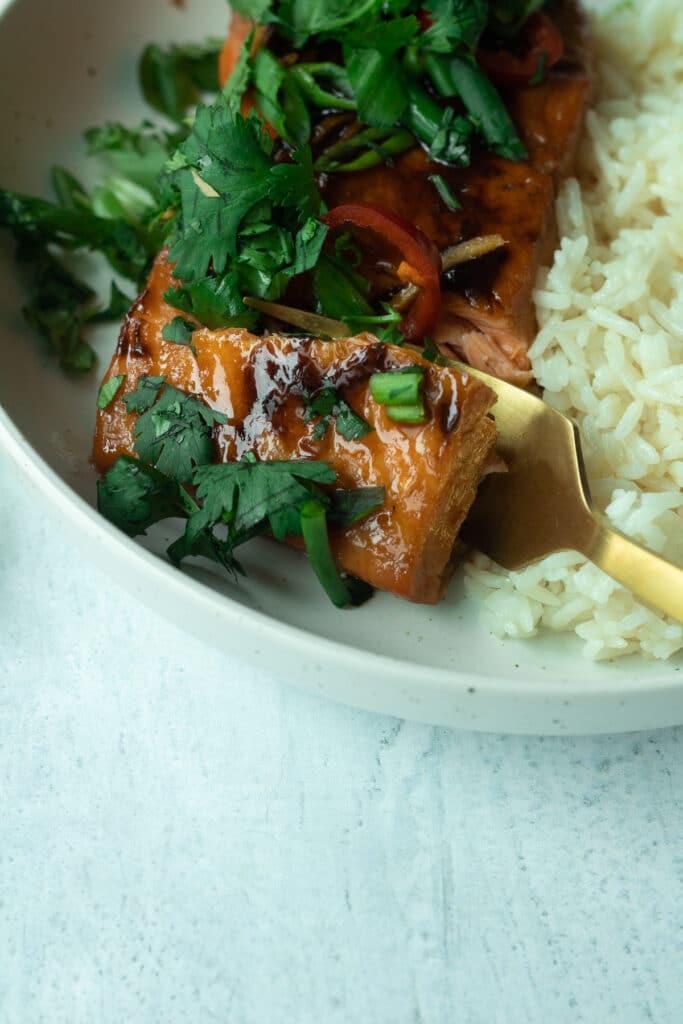 close up shot of salmon on plate with fork taking a bite