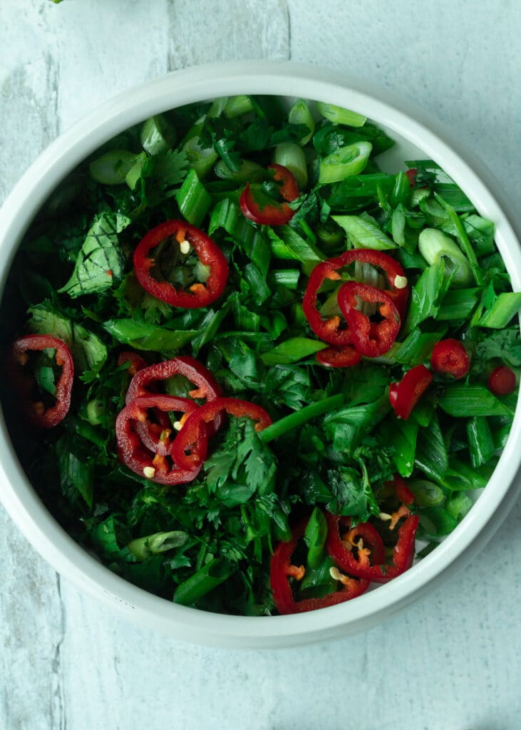 Bowl with chopped cilantro, green onions and red chili pepper mix