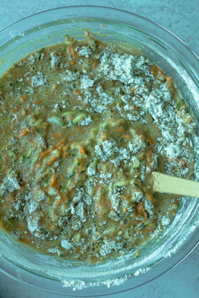 wet and dry ingredients mixed together in bowl