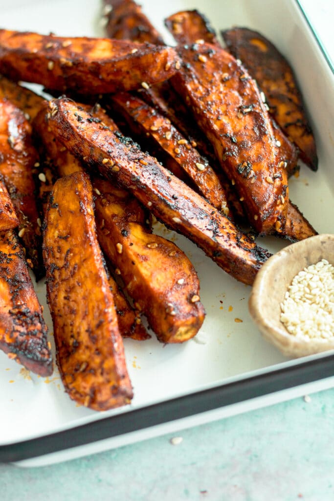 gochujang roasted sweet potatoes in small baking dish