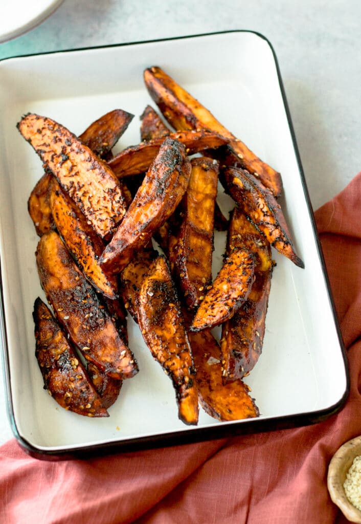 finished roasted potatoes in baking dish