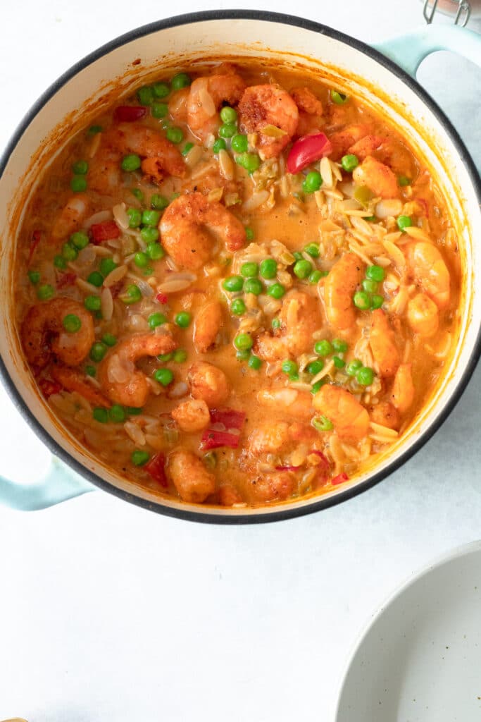 pot of creamy orzo with shrimp