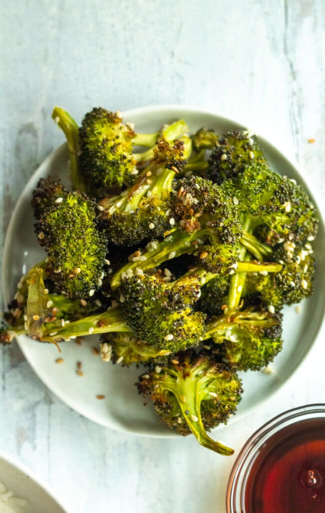 roasted maple sesame broccoli on plate