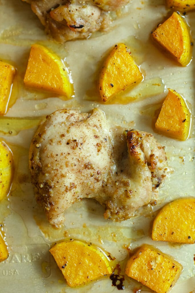 roasted chicken and butternut squash on sheet pan