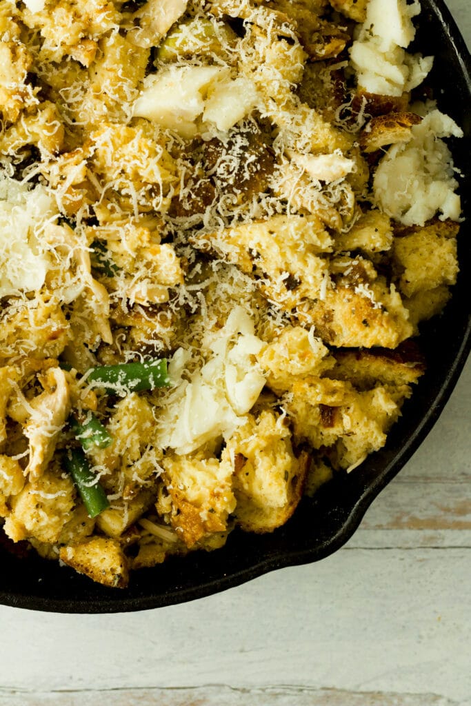 close up shot of thanksgiving strata in cast iron pan