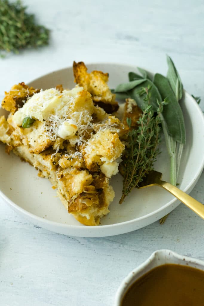 bite of thanksgiving strata on plate