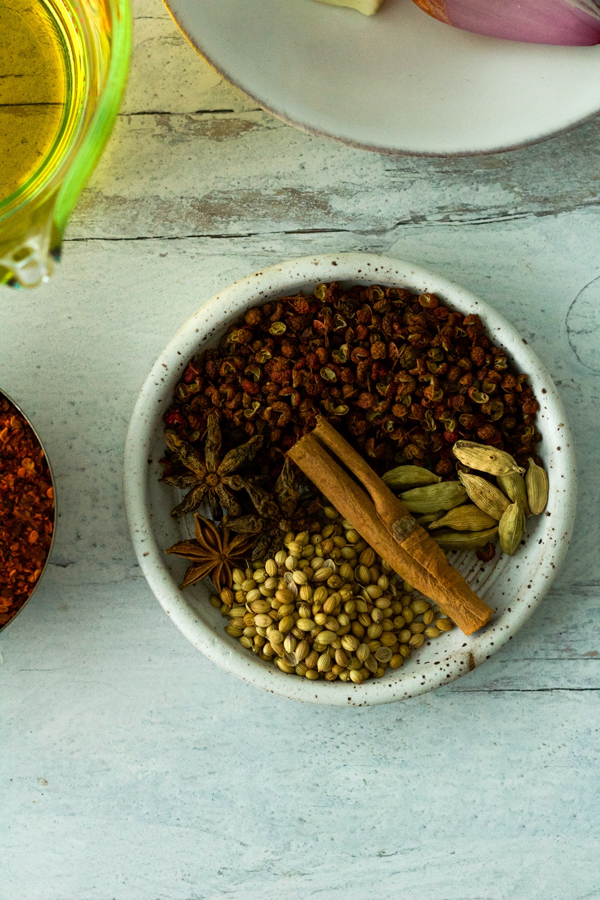 small plate of spices for chili oil.