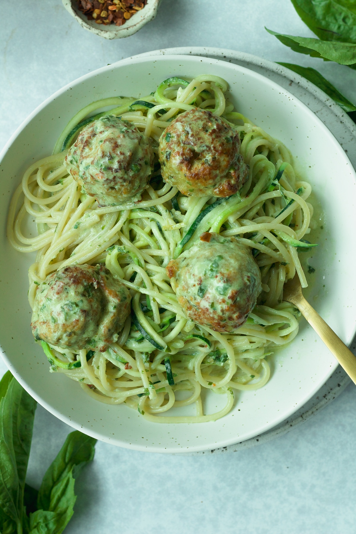 Chicken Meatballs and Basil Pesto Cream Sauce One Girl. One Kitchen.