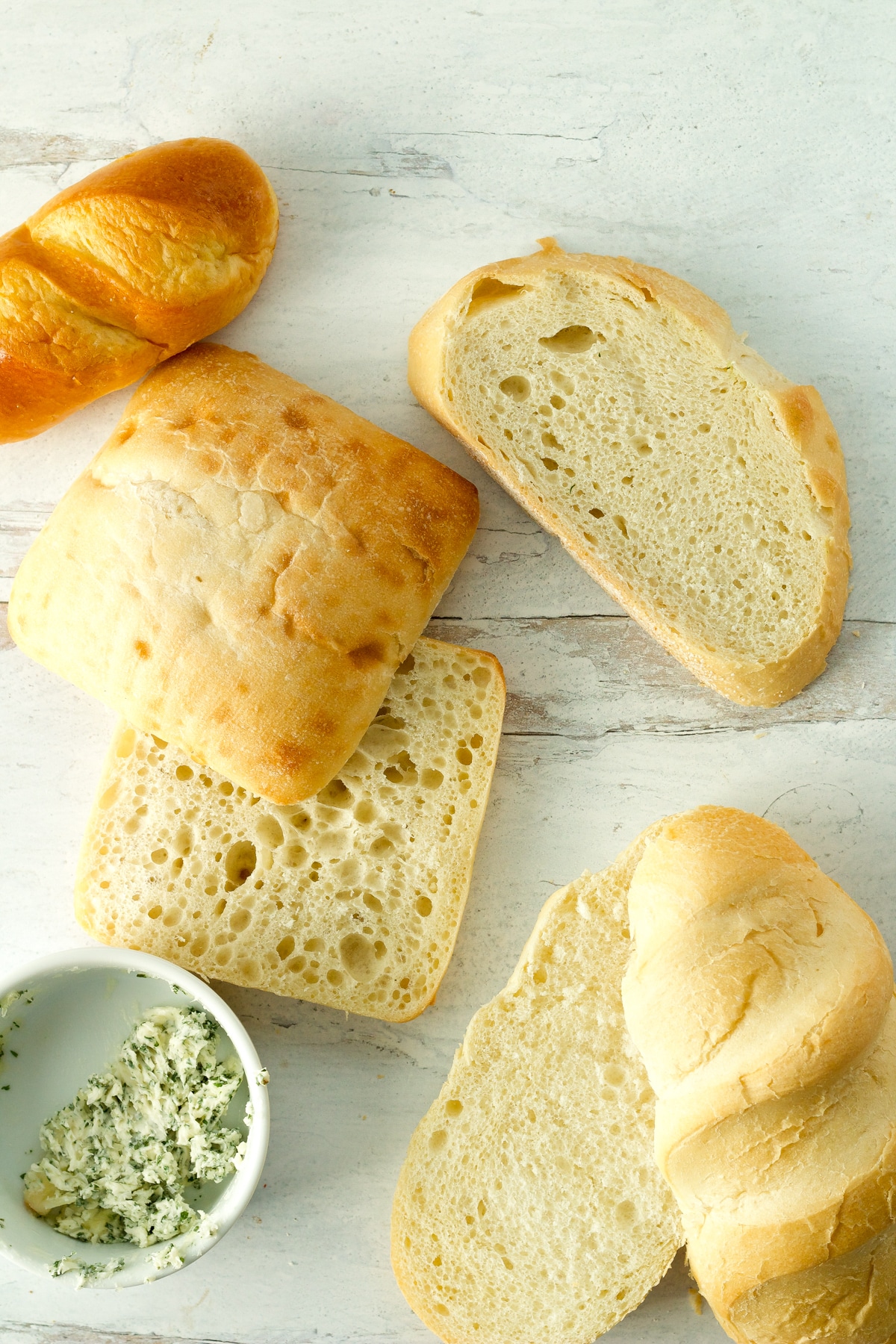 Different bread options for homemade garlic bread.