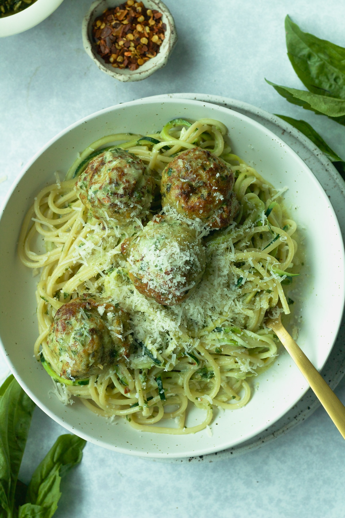 Chicken Meatballs and Basil Pesto Cream Sauce One Girl. One Kitchen.