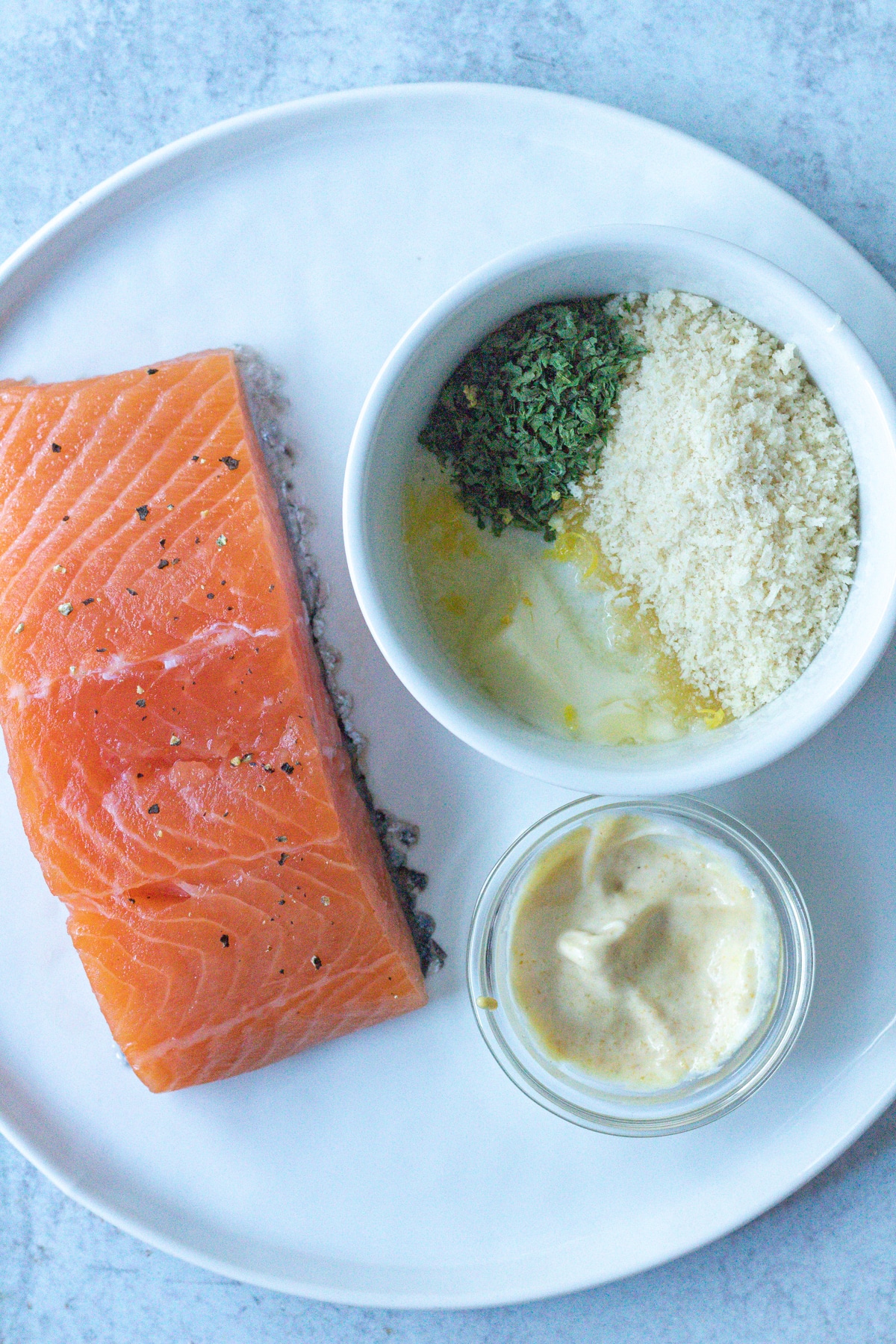 ingredients for crispy baked herb crusted salmon.