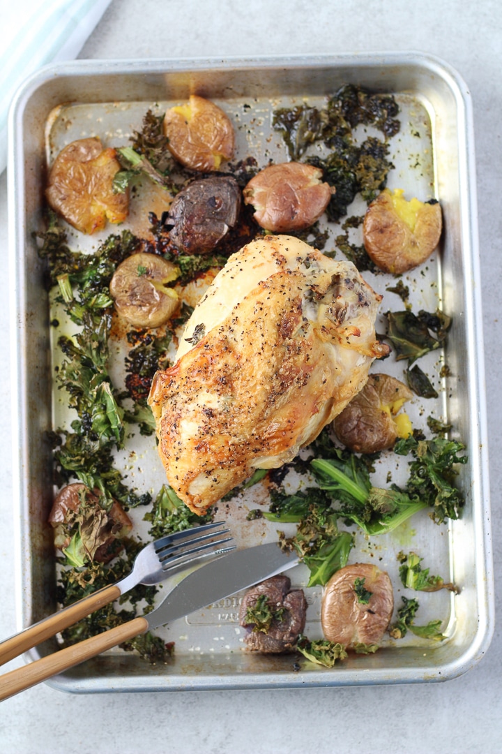 one pan chicken and potatoes with kale.