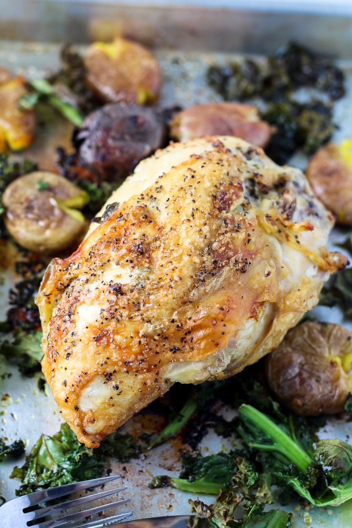 close up of one pan chicken breast on pan.