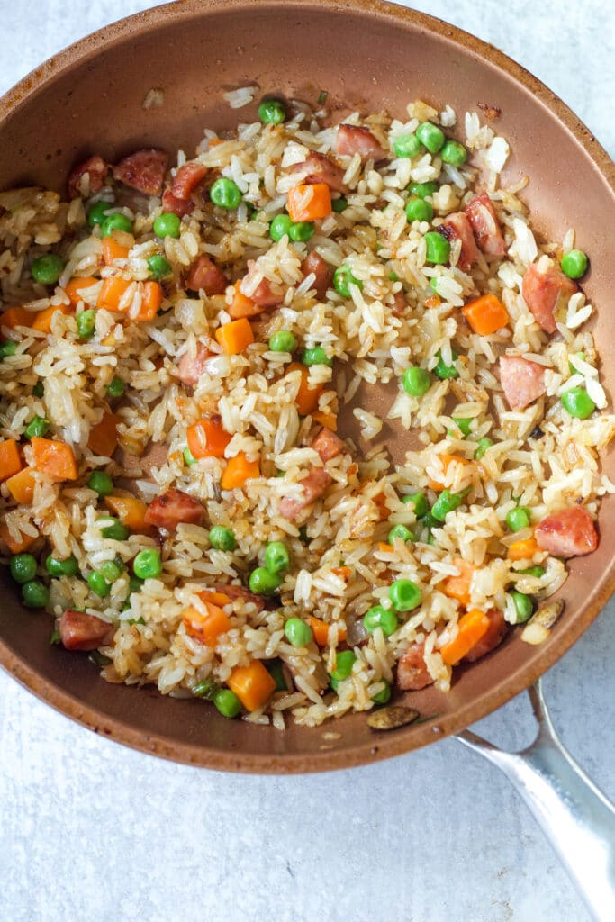 Skillet with fried rice for one.