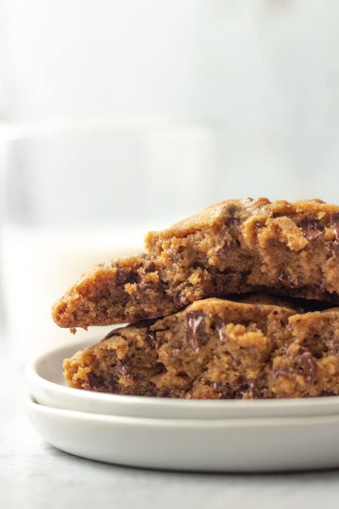 Close up shot of giant chocolate chip cookie inside.