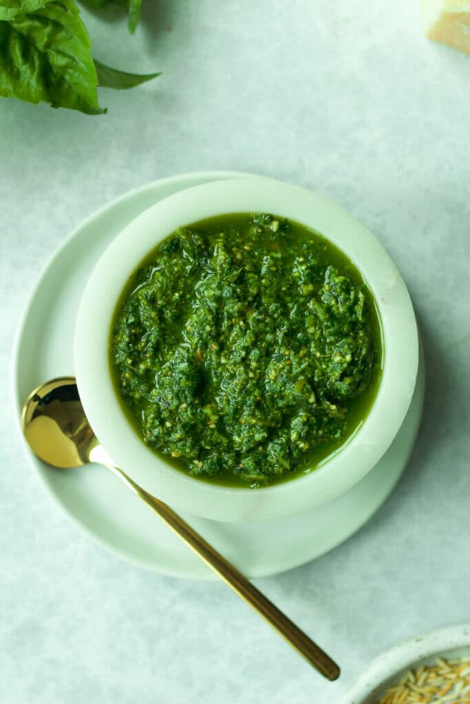 Overhead shot of pesto recipe without nuts.