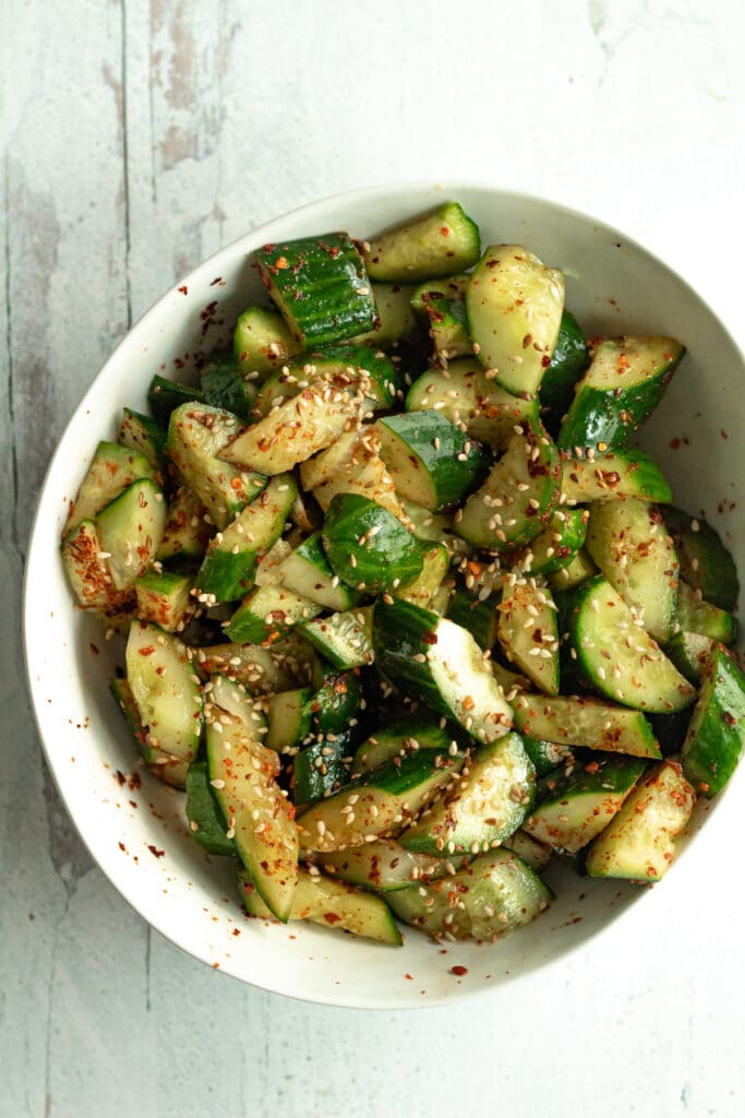 Bowl of spicy asian cucumber salad.