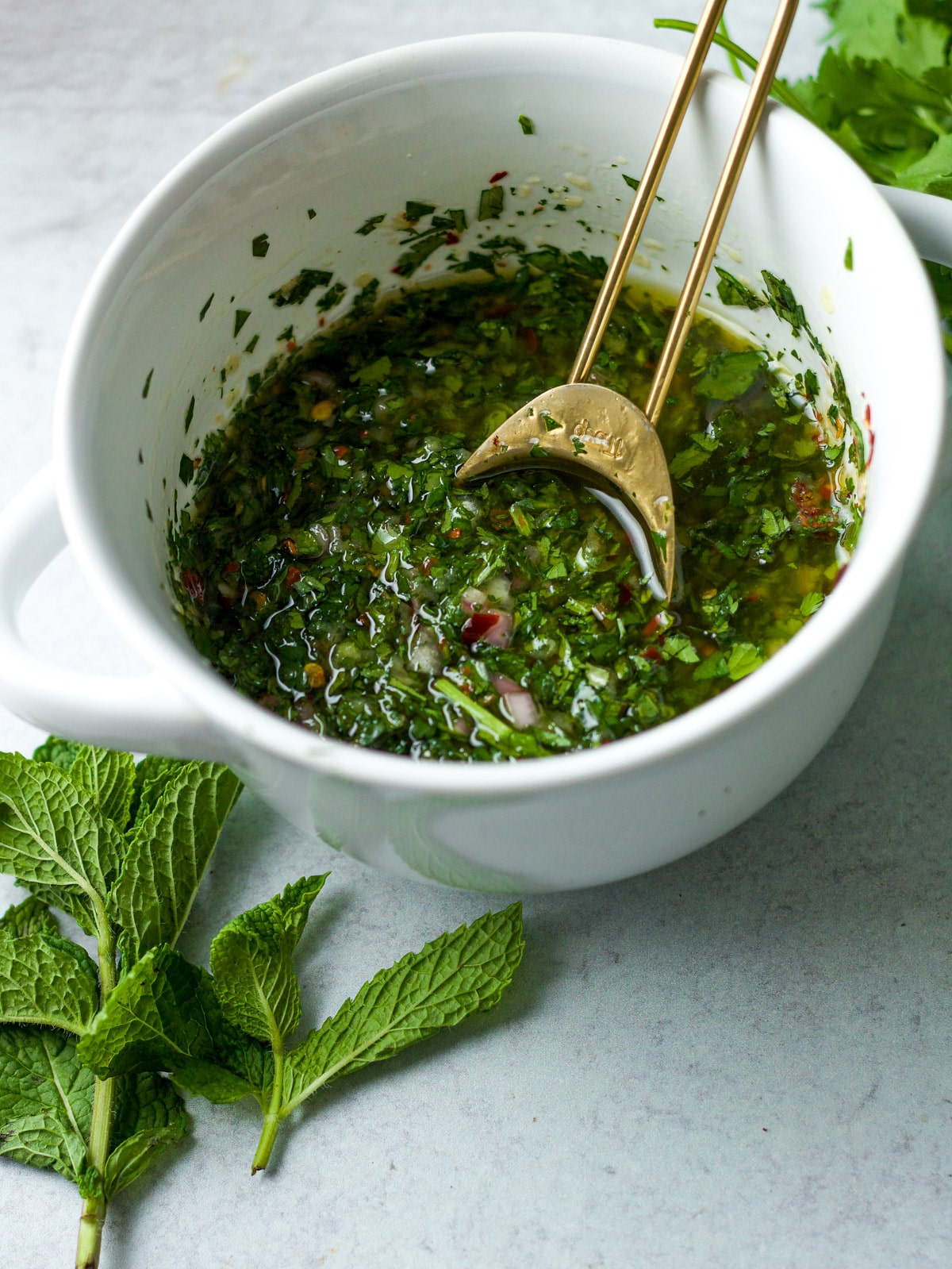 Cilantro chimichurri in bowl with tablespoon and fresh mint and cilantro.