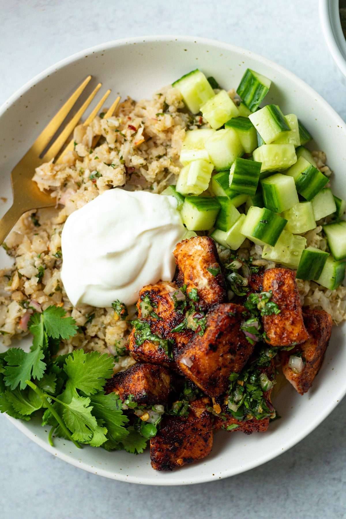 Bowl with rice, salmon, cucumber and yogurt.