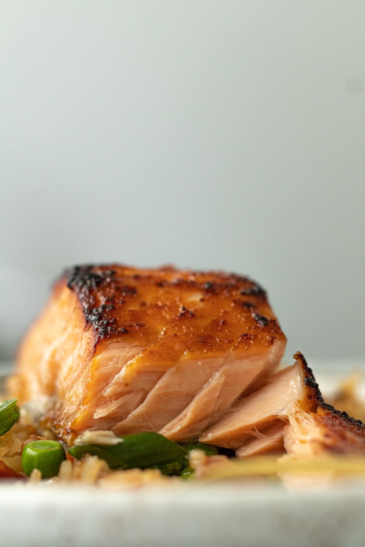 Inside of broiled miso honey salmon.