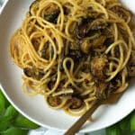 Bowl of spaghetti with zucchini.