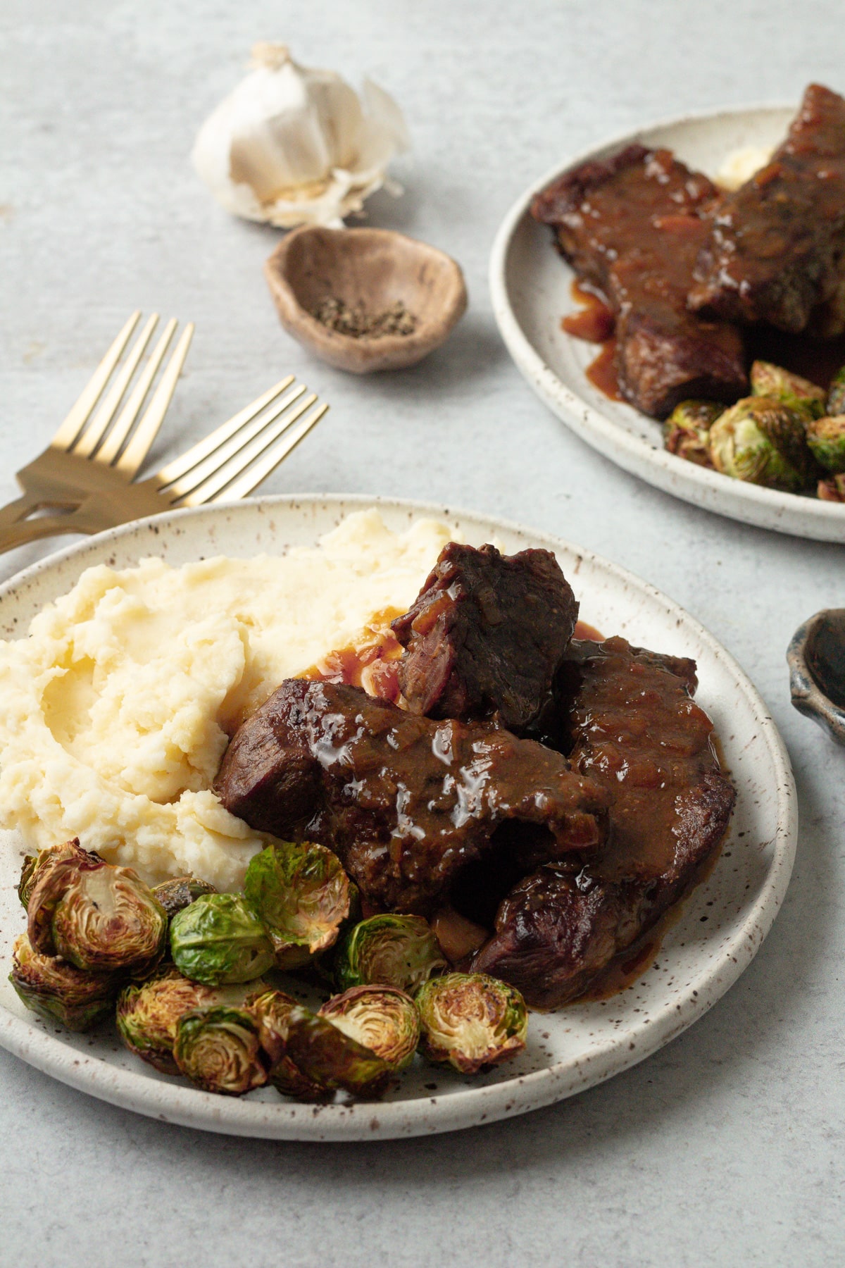 Two dinner plate with mashed potatoes, vegetable and short ribs and two forks.