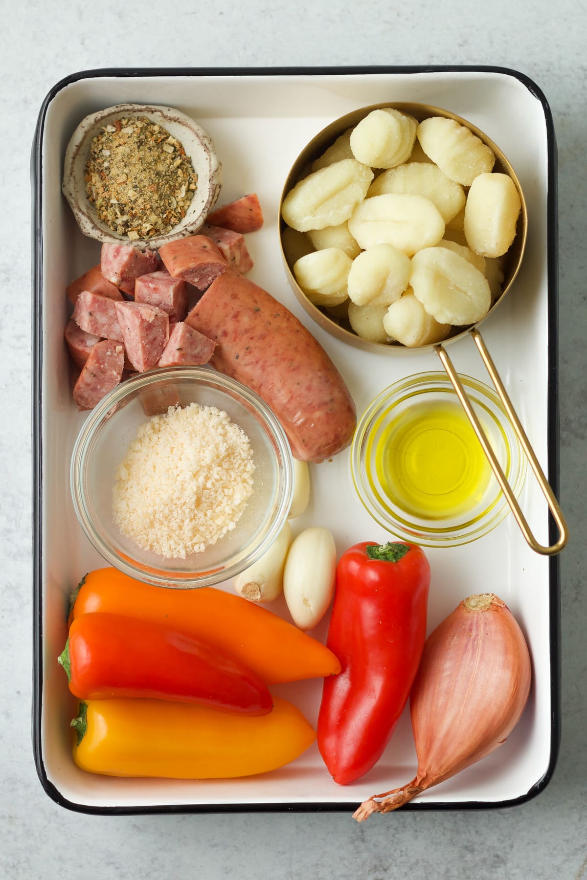 Ingredients for sheet pan gnocchi with peppers.