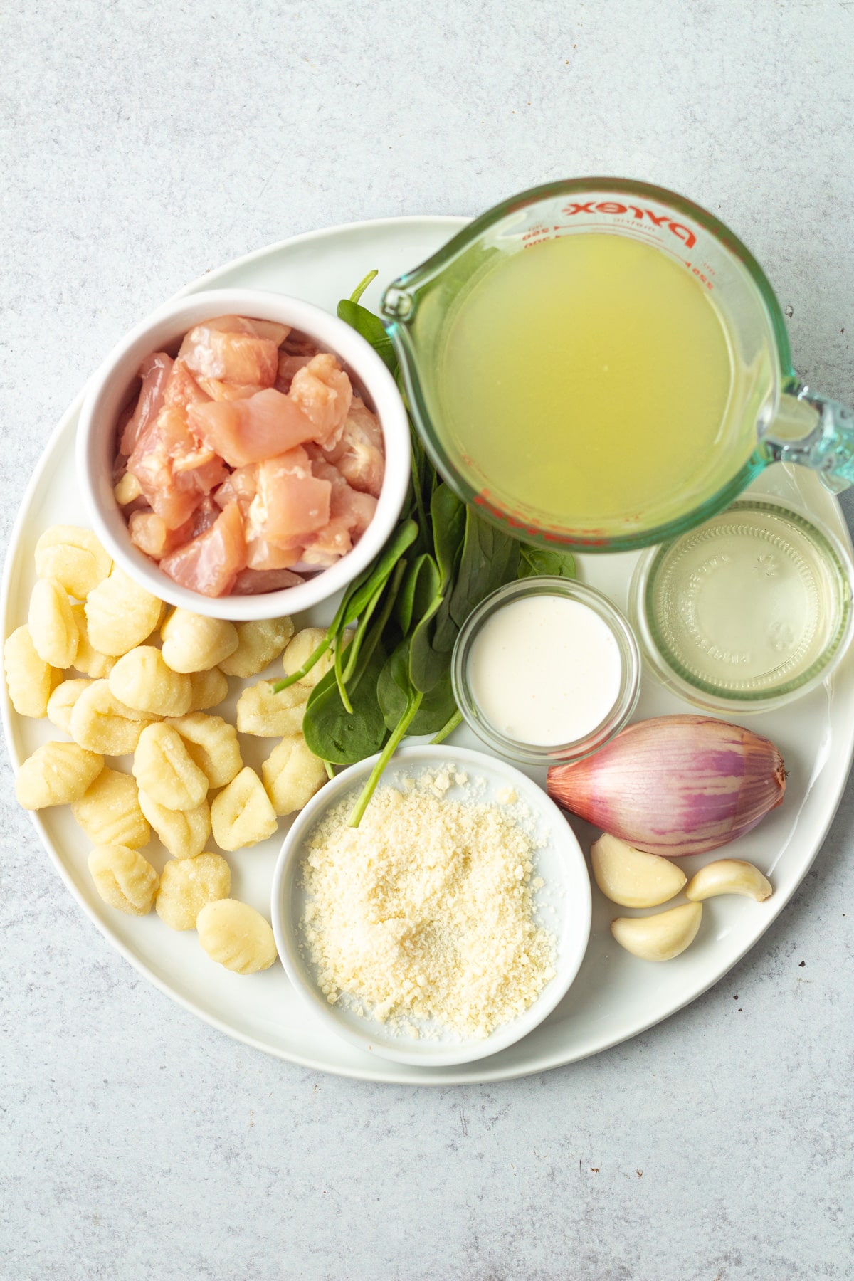 Ingredients for one pan creamy chicken and gnocchi.