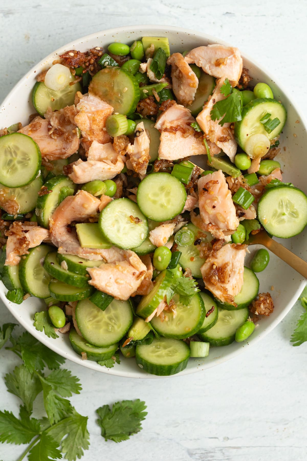 Crispy rice salmon salad mixed in bowl with fork.
